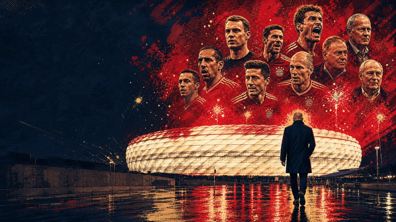 Pep Guardiola and Bayern figures beneath red mist